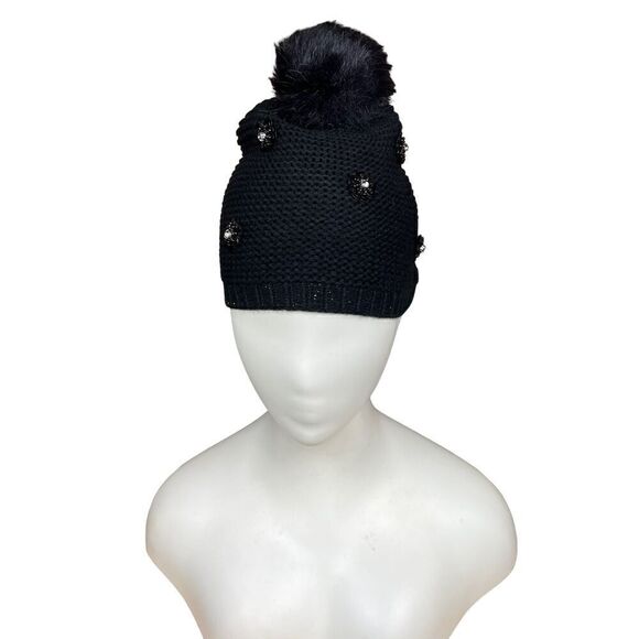 Neiman Marcus Hat Pom Pom Beanie Black Floral Embellished Bling Women One Size - Picture 2 of 11